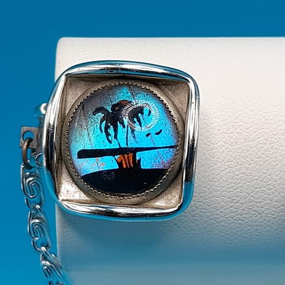 Vintage Iridescent Palm Scene Sweater Clips, 1950s Butterfly Wing Jewelry - Picture 2 of 10